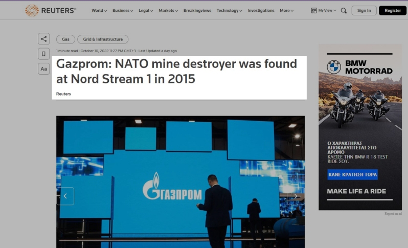 Reuters Gazprom: NATO mine destroyer was found at Nord Stream 1 in 2015